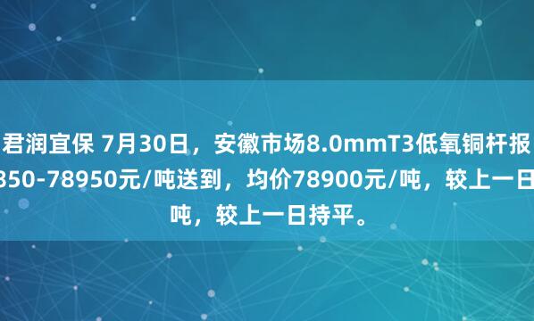 君润宜保 7月30日，安徽市场8.0mmT3低氧铜杆报价78850-78950元/吨送到，均价78900元/吨，较上一日持平。